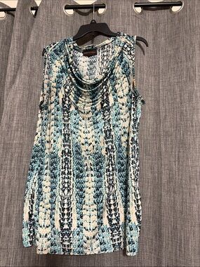 Dana Buchman Aqua and Cream Patterned Sleeveless Cowl Neck Tank